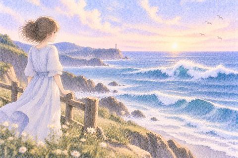 遠くの大きな波を静かに眺める女性