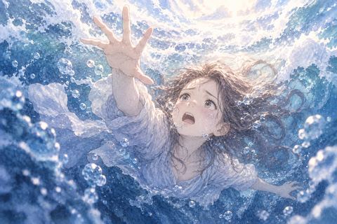 大波の水中でもがく大人の女性