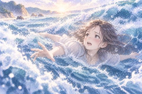 大きな波に沖へ流される女性