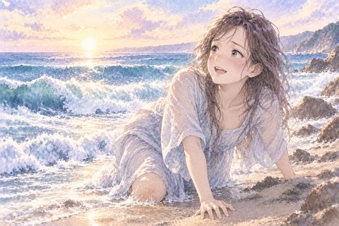 波のあと岸へ上がる大人の女性