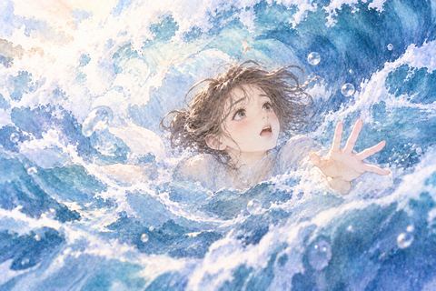 大きな波に包まれながら浮かぶ女性