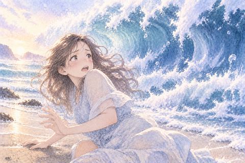 突然迫る大波に驚いて振り返る女性