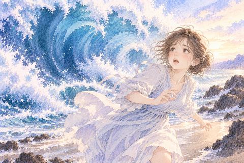 迫る波から踏みとどまろうとする女性
