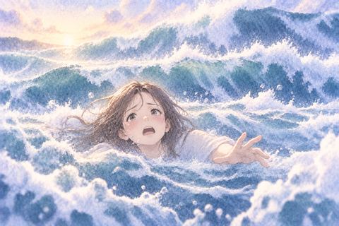 次々と押し寄せる波に疲れる女性