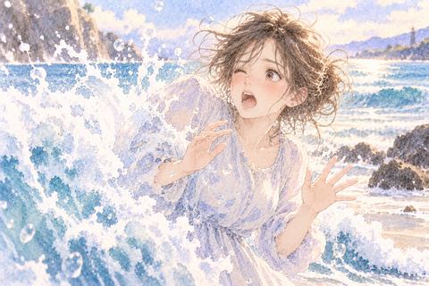 不意の波しぶきをかぶって驚く女性