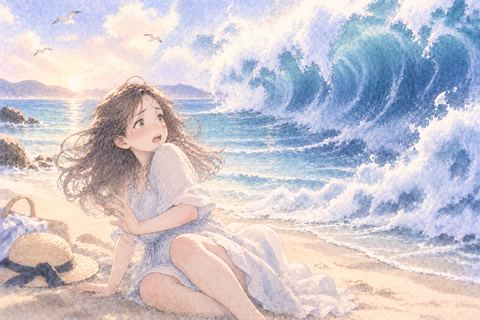 穏やかな海で突然の大波に驚く女性