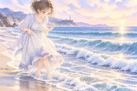 足元の波で服の裾が濡れる女性