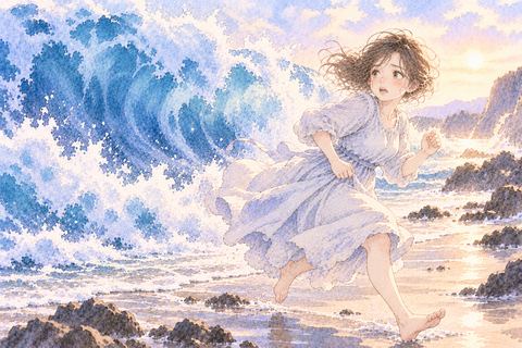 迫る波から海岸を走って逃げる女性