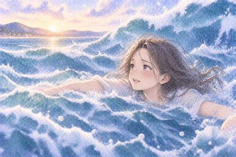 大波の中で岸を見ながら冷静に泳ぐ女性