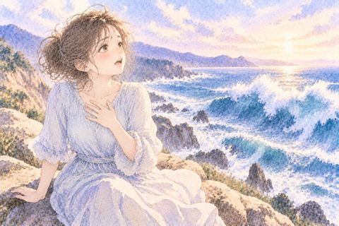 波の届かない高台で安堵する女性