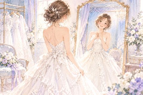 ウエディングドレスを着て鏡を見る女性