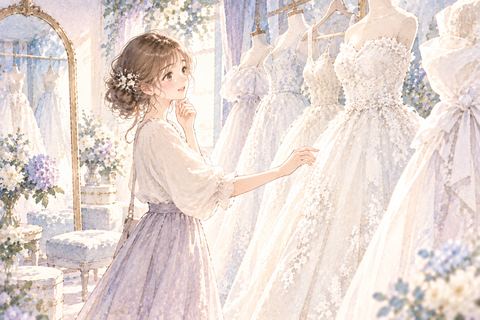 複数のウエディングドレスを選ぶ女性