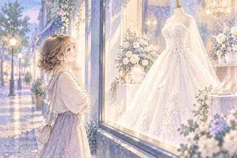 店先のウエディングドレスを眺める女性