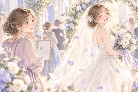 花嫁姿の友人を見つめる大人の女性