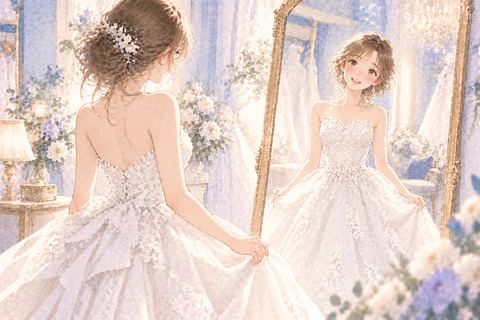 ドレス姿を嬉しそうに見る大人の女性