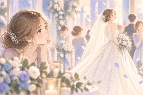 花嫁姿を羨ましそうに見つめる女性