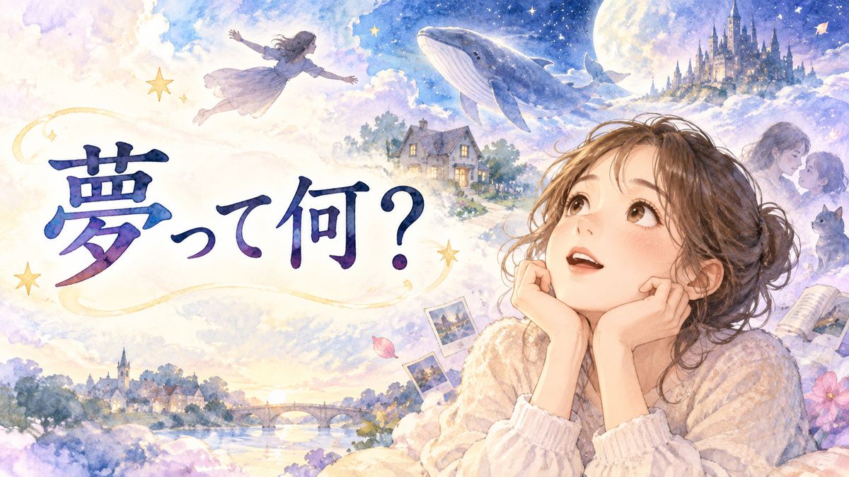 夢の世界を見上げる大人の女性と空や懐かしい風景