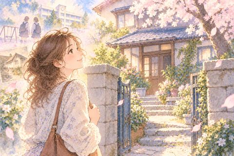 昔の家の前で懐かしさを感じる大人の女性