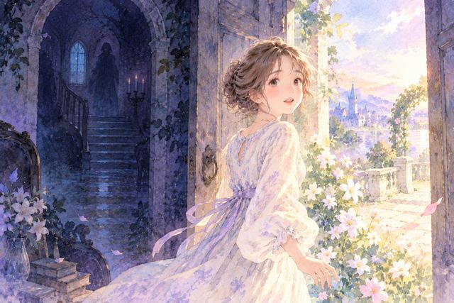 暗い建物の出口から明るい庭へ歩き出す大人の女性