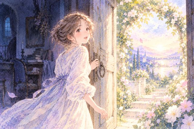 古い扉を開き新しい景色へ進もうとする大人の女性