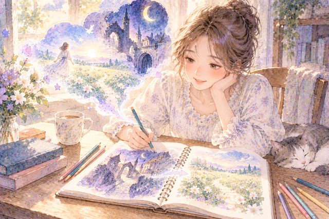 夢で見た不思議な街と花畑をノートに描く大人の女性