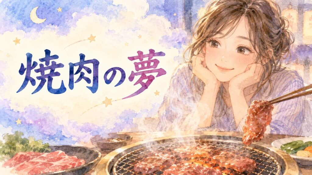 焼肉の網を前に夢見るように微笑む大人の女性