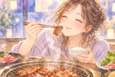 焼きたての焼肉をおいしそうに食べる女性