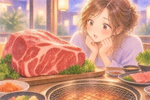 大きな肉の塊を不思議そうに見る女性