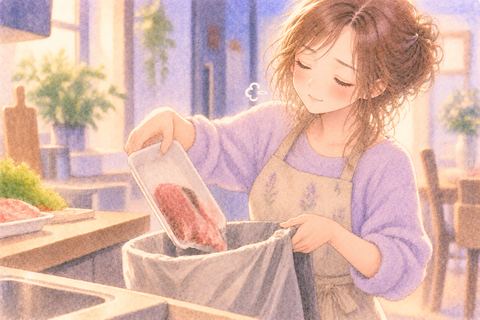 傷んだ肉を袋へ捨ててすっきりする女性
