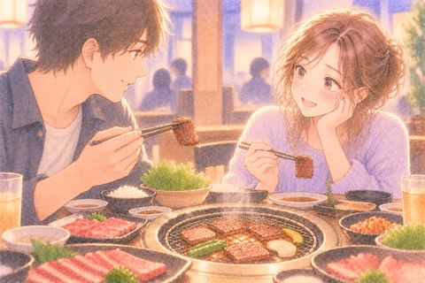 好きな男性と焼肉を囲んで微笑む女性