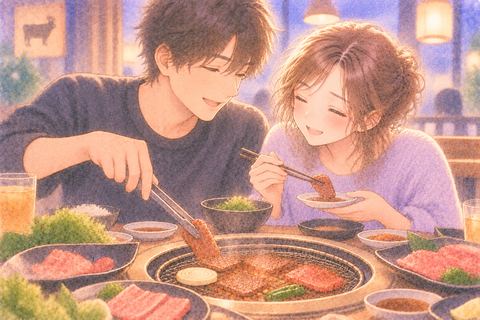 パートナーと焼肉を囲んでくつろぐ女性