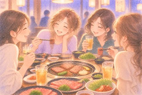 友達と焼肉を囲んで笑う女性