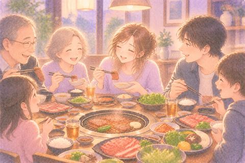 家族や親戚と焼肉の食卓を囲む女性