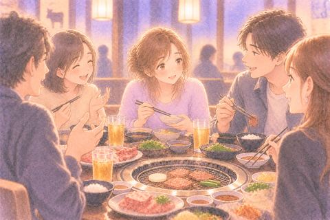 知らない人たちと焼肉を囲む女性