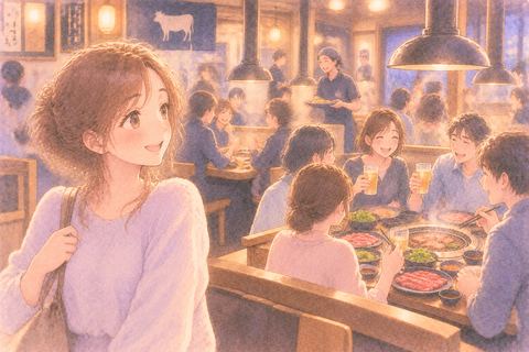 にぎやかな焼肉屋を見渡す女性