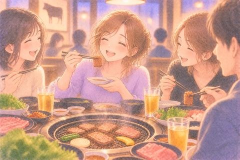焼肉を食べながら楽しそうに笑う女性