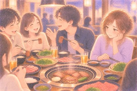 焼肉を前に顔を曇らせて距離を取る女性