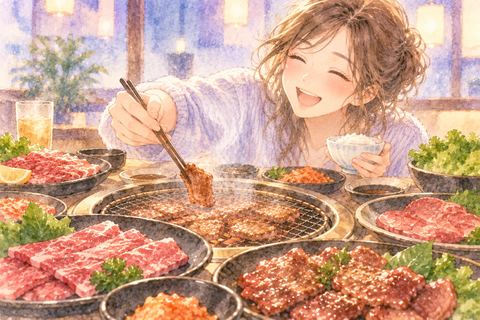 たくさんの焼肉を前に食事を楽しむ女性