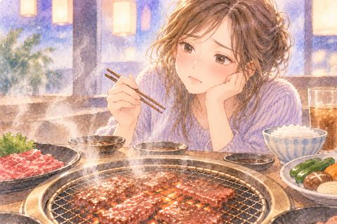 焼けた肉を前に食べられず困る女性