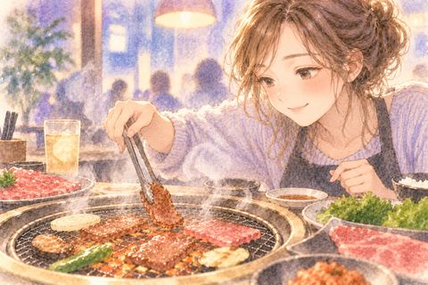 トングで焼肉を丁寧に焼く女性