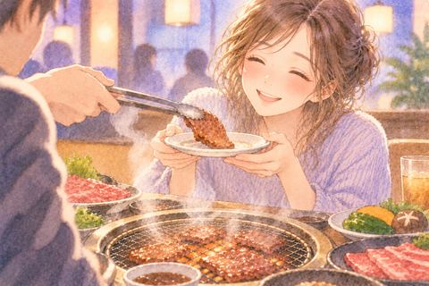 相手が焼いてくれた肉を受け取る女性