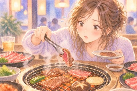生焼けの肉に気づき網へ戻す女性