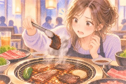 焦げた焼肉を見て困った表情をする女性