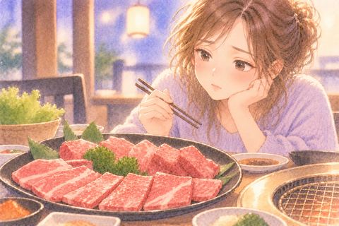 皿に並んだ生肉をじっと見る女性