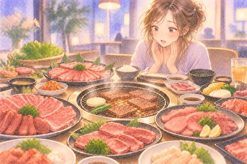 大量に並ぶ肉を驚いて見つめる女性