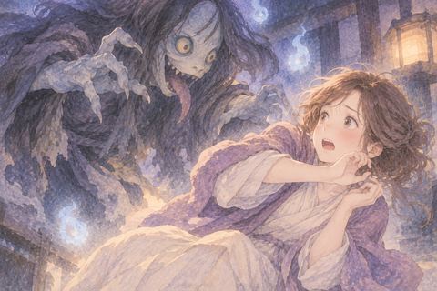迫る妖怪から身を守る女性