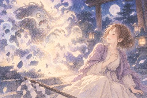 消えていく妖怪を見送る女性