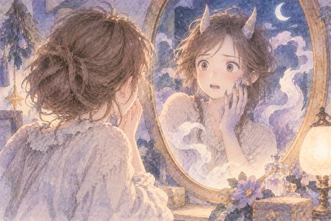 妖怪の姿に変わった自分を見る女性