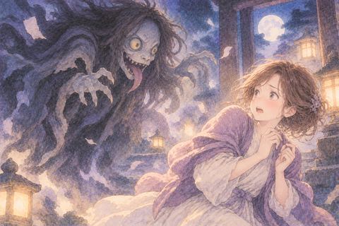 怖い妖怪を警戒して見つめる女性