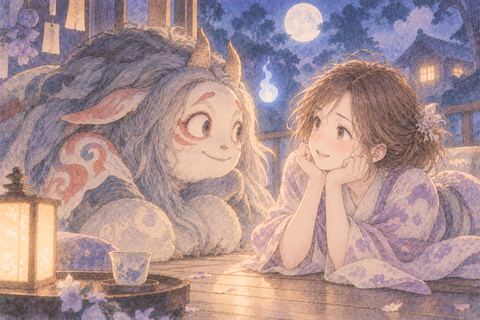 妖怪を興味深そうに見る女性